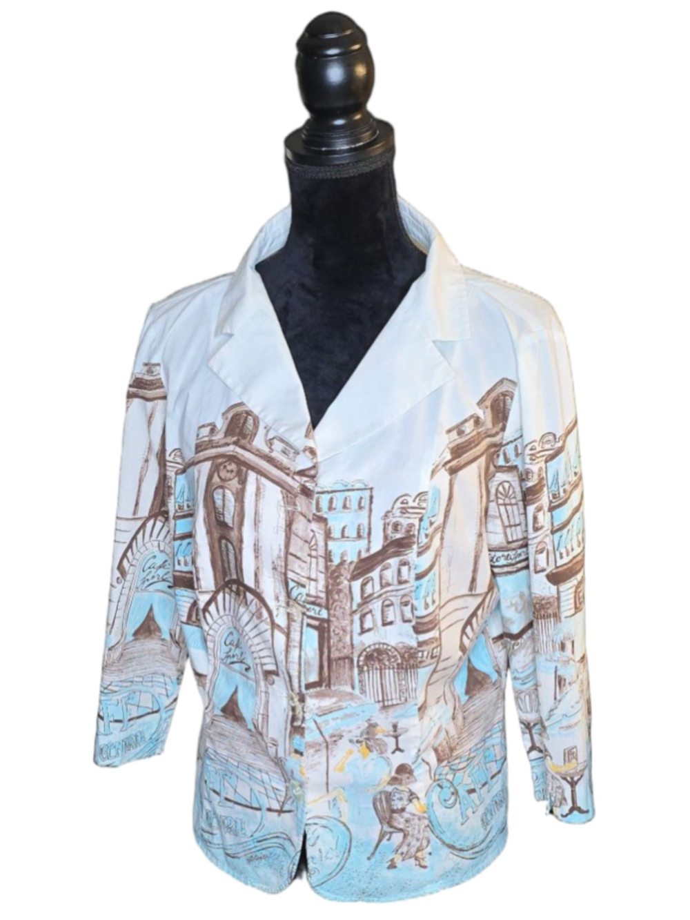 Vintage Betty Barclay Cafe City Print Art To Wear Cotton Blazer size 12/14